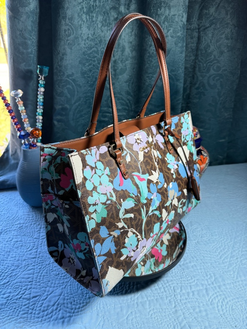 Calvin Klein Brown Floral Canvas Tote with Aqua and Light Blue Accents 13x9 - Picture 7 of 12